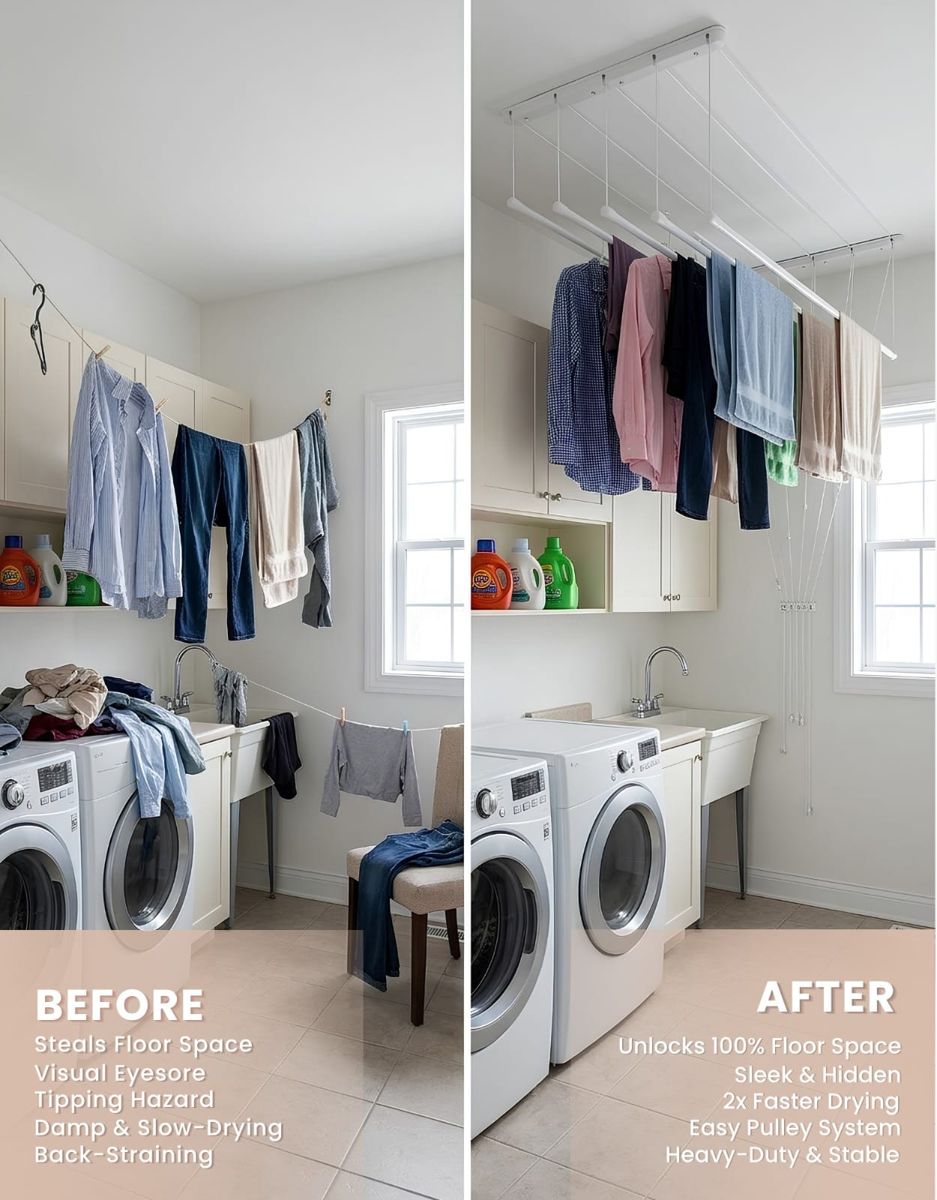Before and after: a floor drying rack versus clothes drying on the ceiling rack