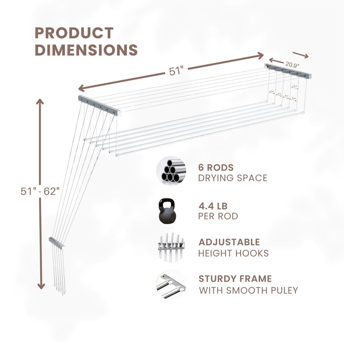 Product diagram with dimensions and 6 rods