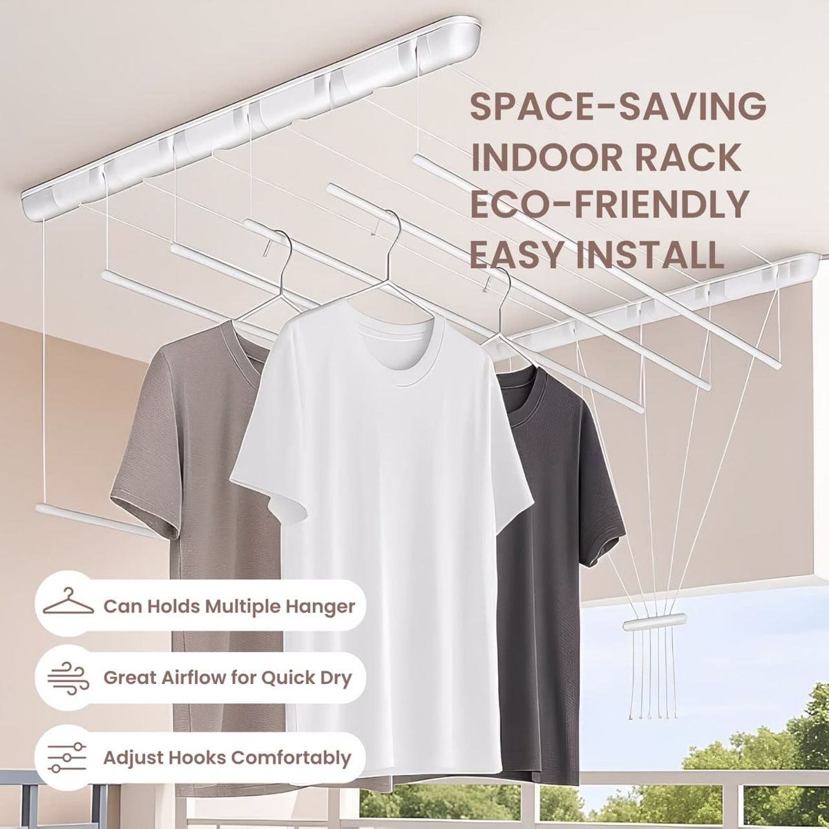 Laundry room with the ceiling rack and labels: easy install, holds multiple hangers, great airflow, eco-friendly