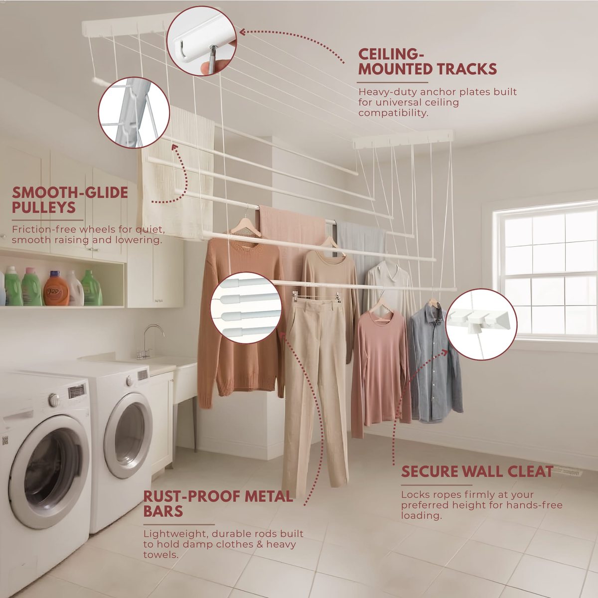 Laundry room with the Drop Dryer and callouts: ceiling-mounted tracks, smooth-glide pulleys, rust-proof bars, wall cleat