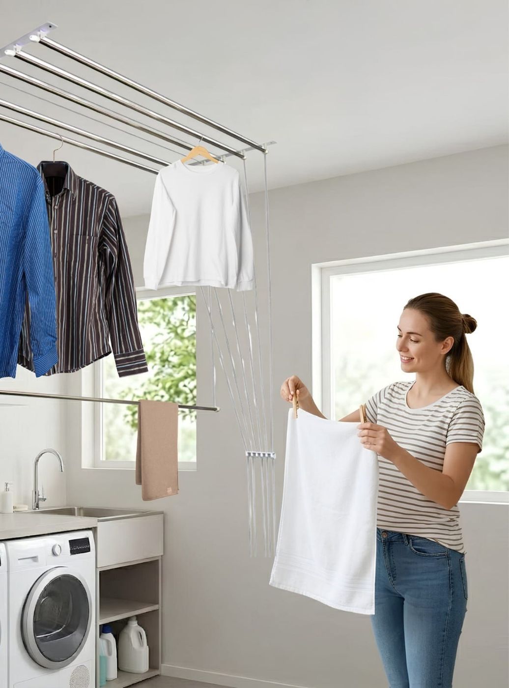 Woman hanging clothes on hangers onto the lowered rods