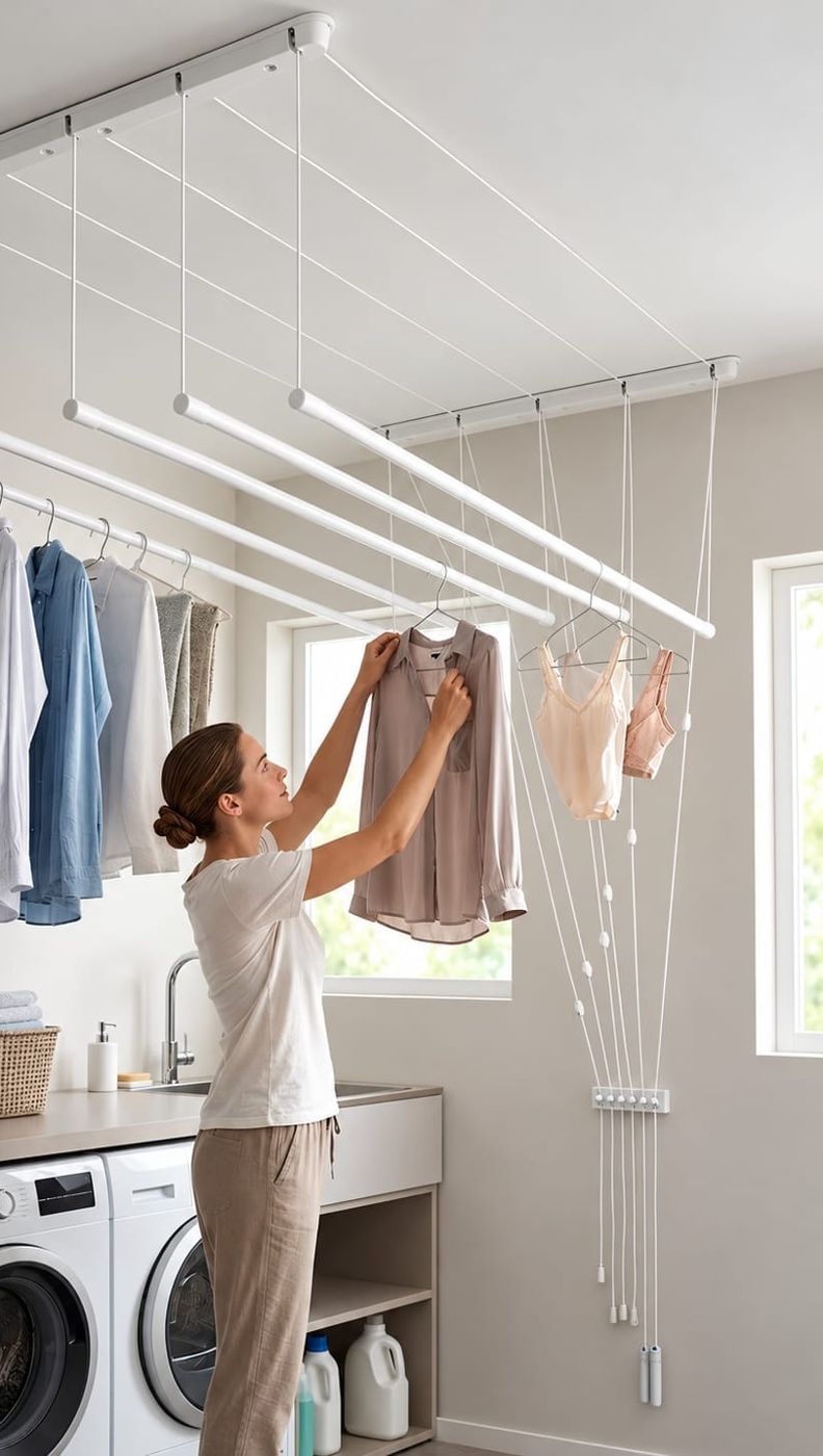 Woman pulling a cord to lower a rod of the ceiling drying rack
